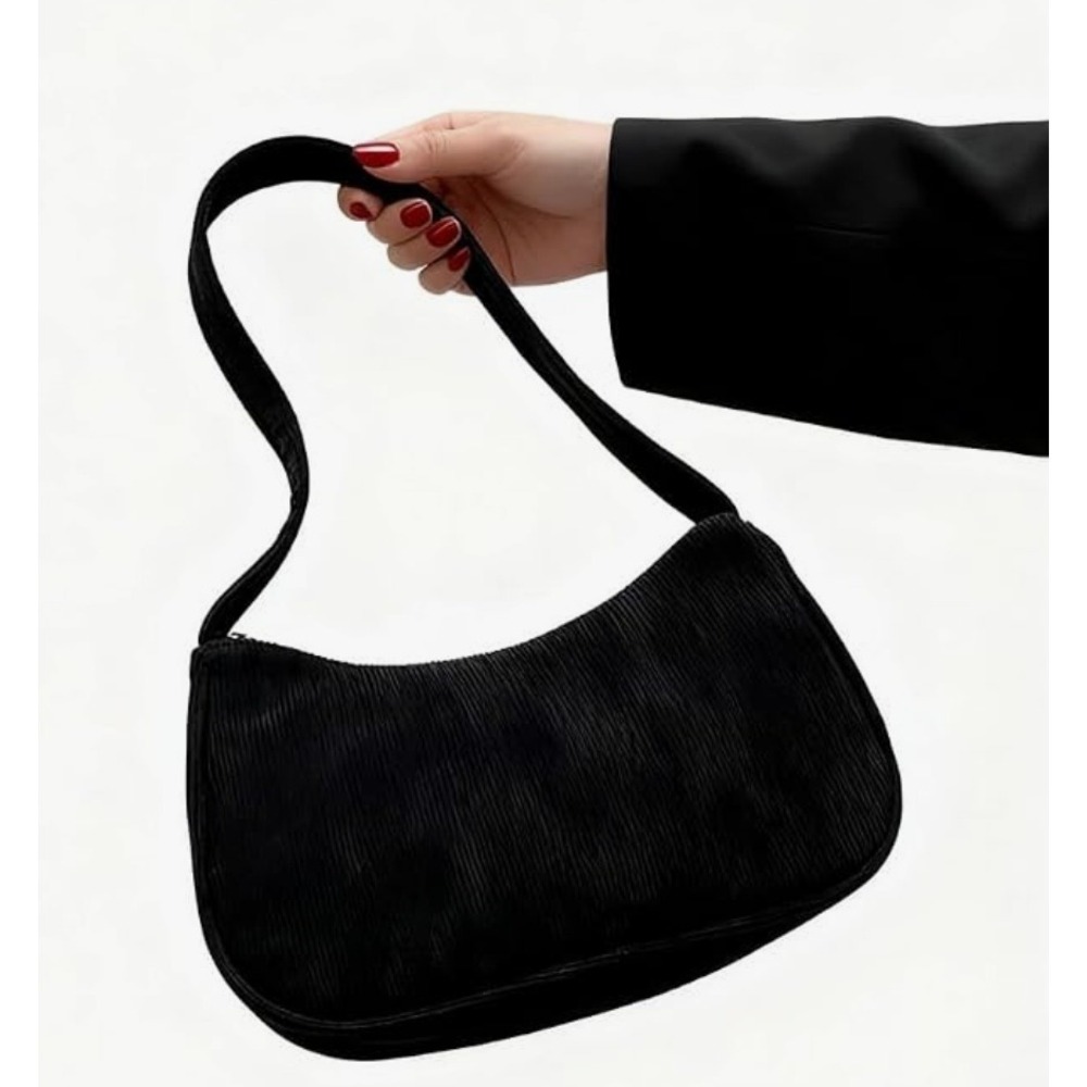 Corduroy Baguette Shoulder Bag Black Retro Zip Purse Y2K Indie Minimalist Boho - Picture 2 of 5